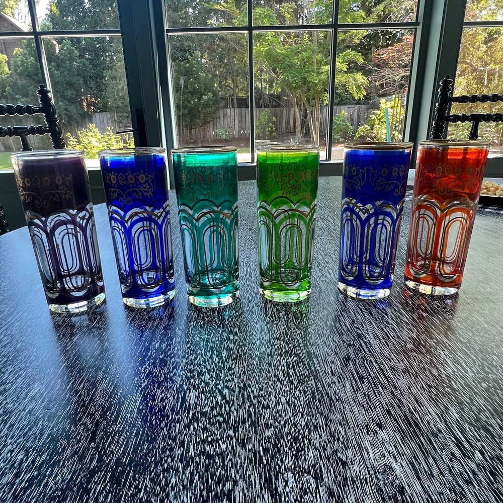 Set of 6 late 20th century glass candleholder vases with moorish Alhambra design
